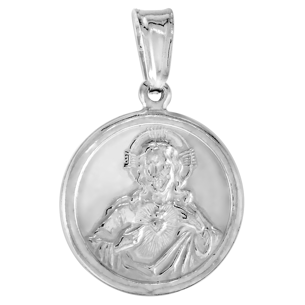 STERLING SILVER SACRED HEART OF JESUS MEDAL HOLLOW ITALY 11/16 INCH (18 MM) IN DIAMETER.