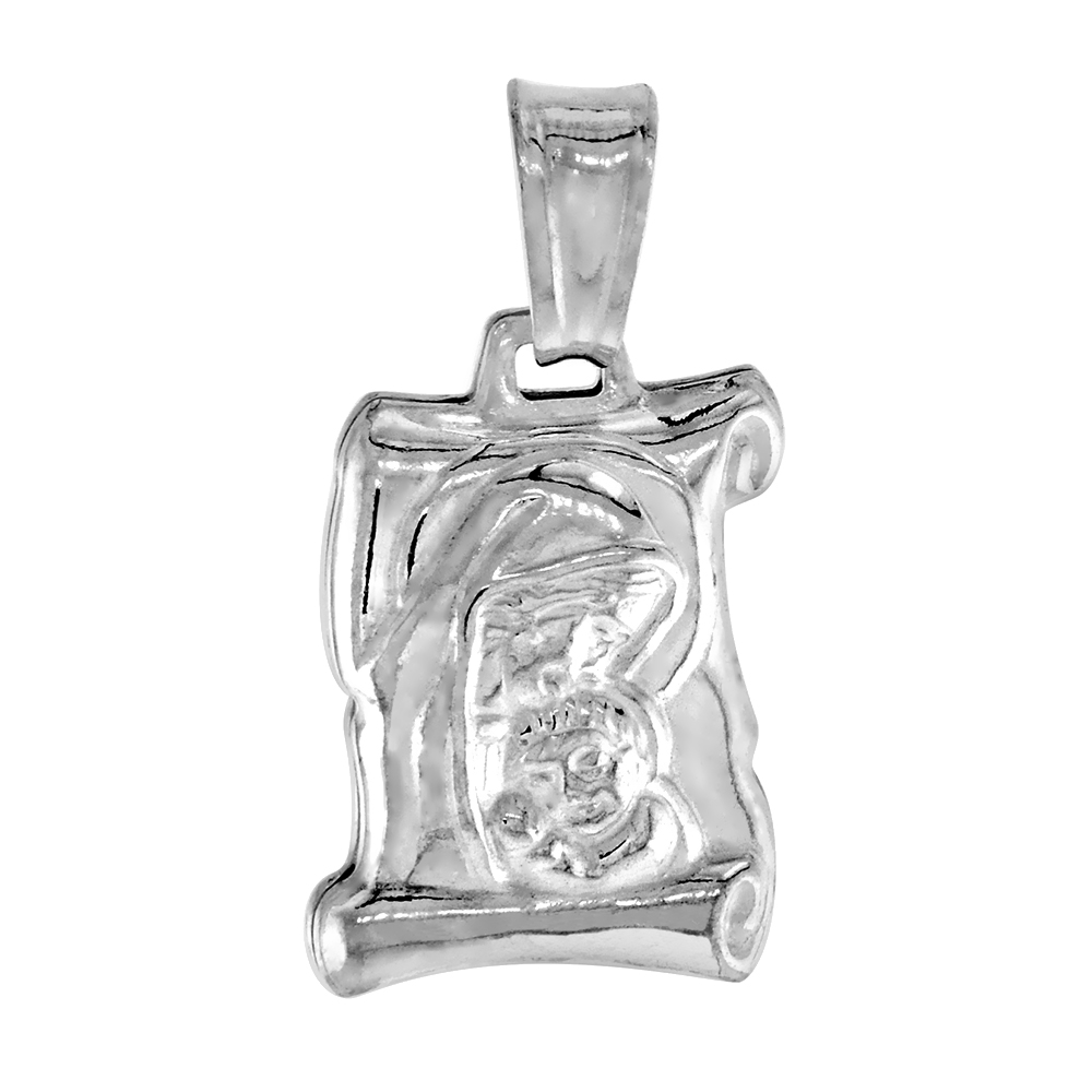 STERLING SILVER MARY AND JESUS SCROLL PENDANT HOLLOW ITALY 9/16 INCH (15 MM) TALL NO CHAIN