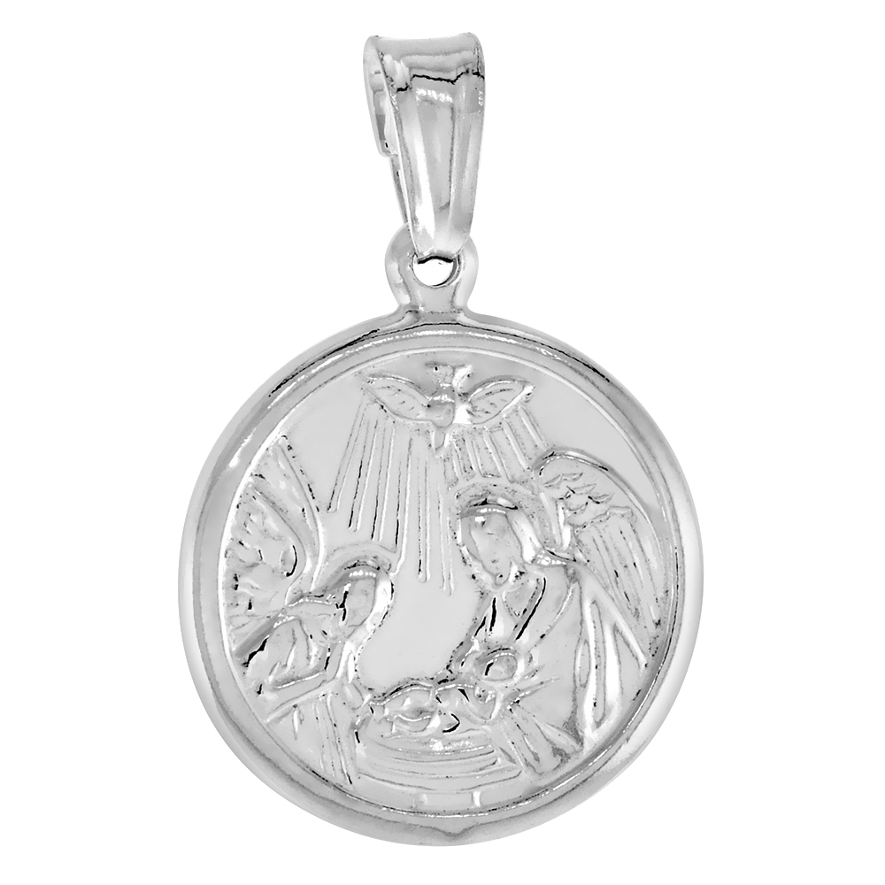 STERLING SILVER NATIVITY MEDAL HOLLOW ITALY 5/8 INCH (17 MM) IN DIAMETER.