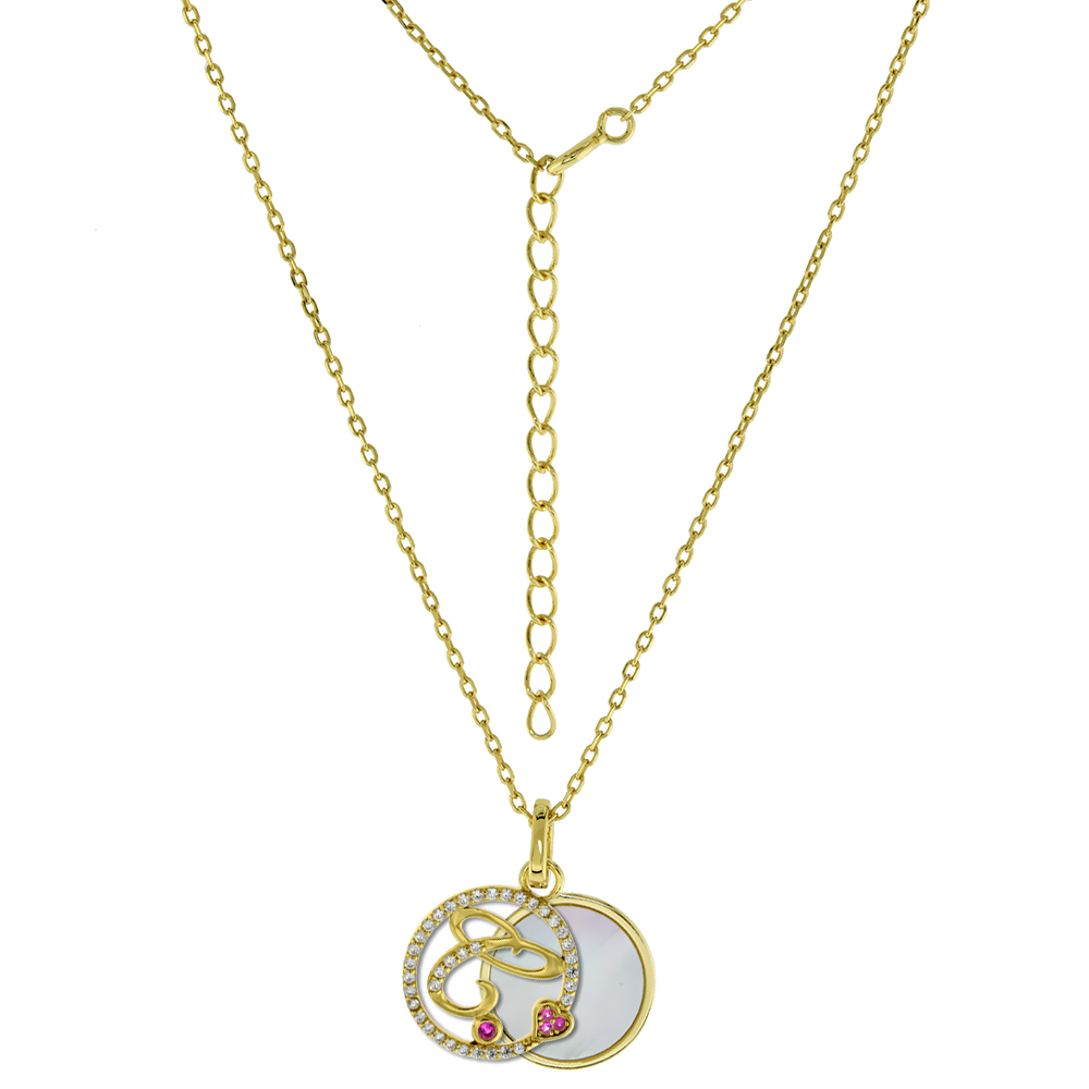 Gold-Plated Sterling Silver CZ Mother of Pearl Initial C Necklace for Women 2 piece with Enhancer Bale Red CZ Accent 16-18 inch
