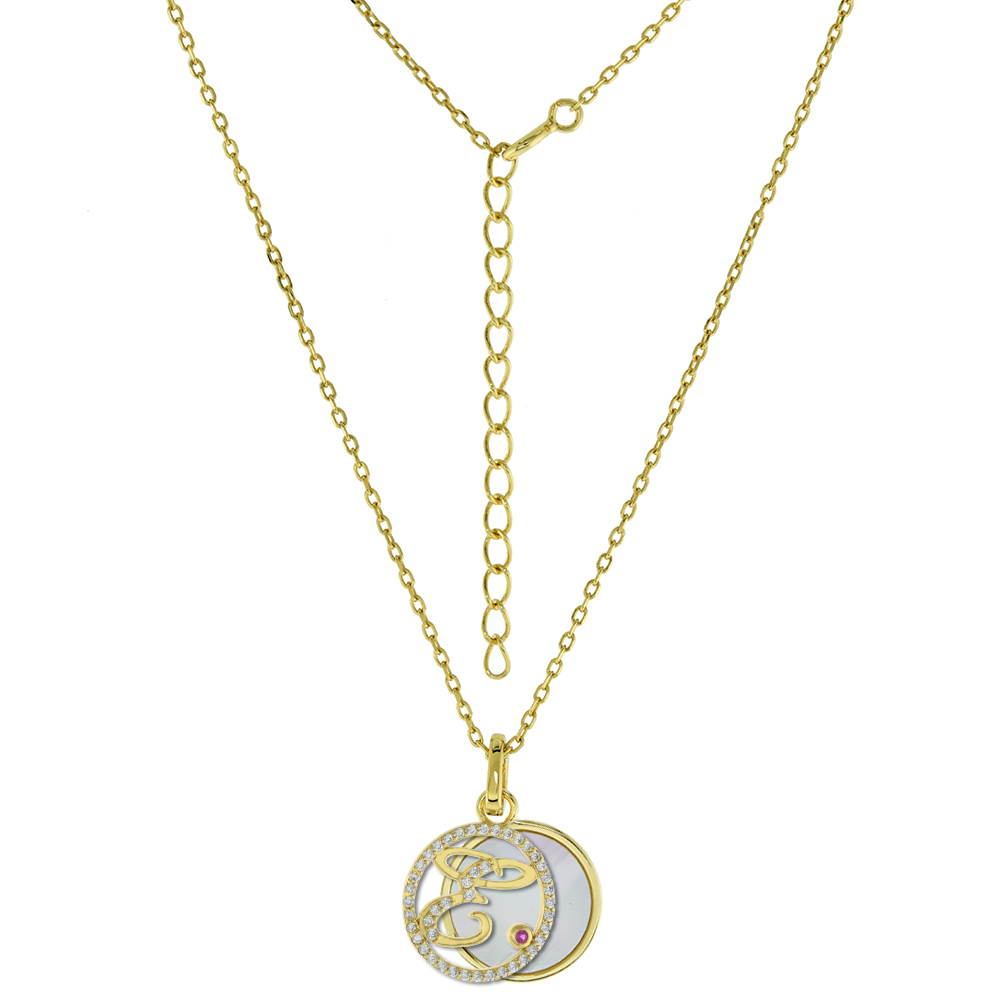 GOLD-PLATED STERLING SILVER CZ MOTHER OF PEARL INITIAL E NECKLACE FOR WOMEN 2 PIECE WITH ENHANCER BALE RED CZ ACCENT 16-18 INCH