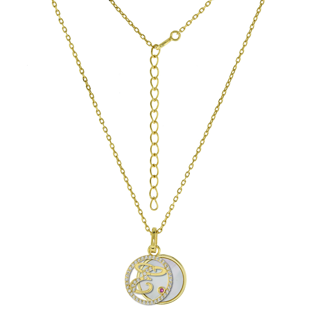 Gold-Plated Sterling Silver CZ Mother of Pearl Initial E Necklace for Women 2 piece with Enhancer Bale Red CZ Accent 16-18 inch
