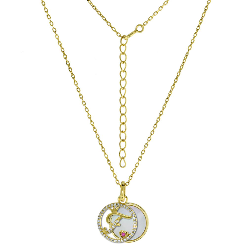 Gold-Plated Sterling Silver CZ Mother of Pearl Initial F Necklace for Women 2 piece with Enhancer Bale Red CZ Accent 16-18 inch