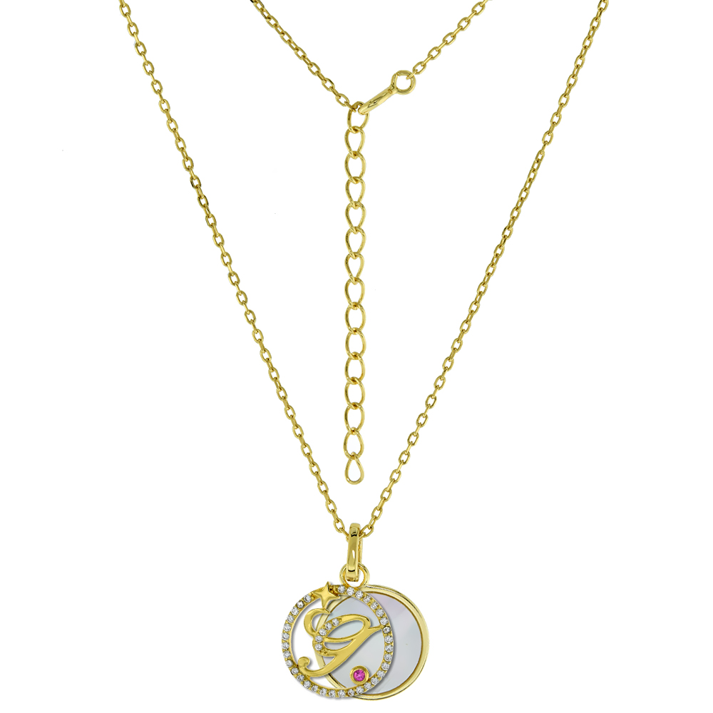 Gold-Plated Sterling Silver CZ Mother of Pearl Initial G Necklace for Women 2 piece with Enhancer Bale Red CZ Accent 16-18 inch