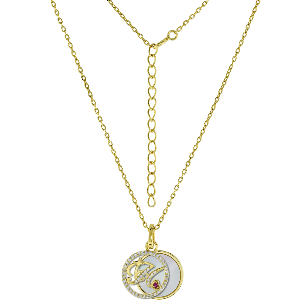 Gold-Plated Sterling Silver CZ Mother of Pearl Initial H Necklace for Women 2 piece with Enhancer Bale Red CZ Accent 16-18 inch