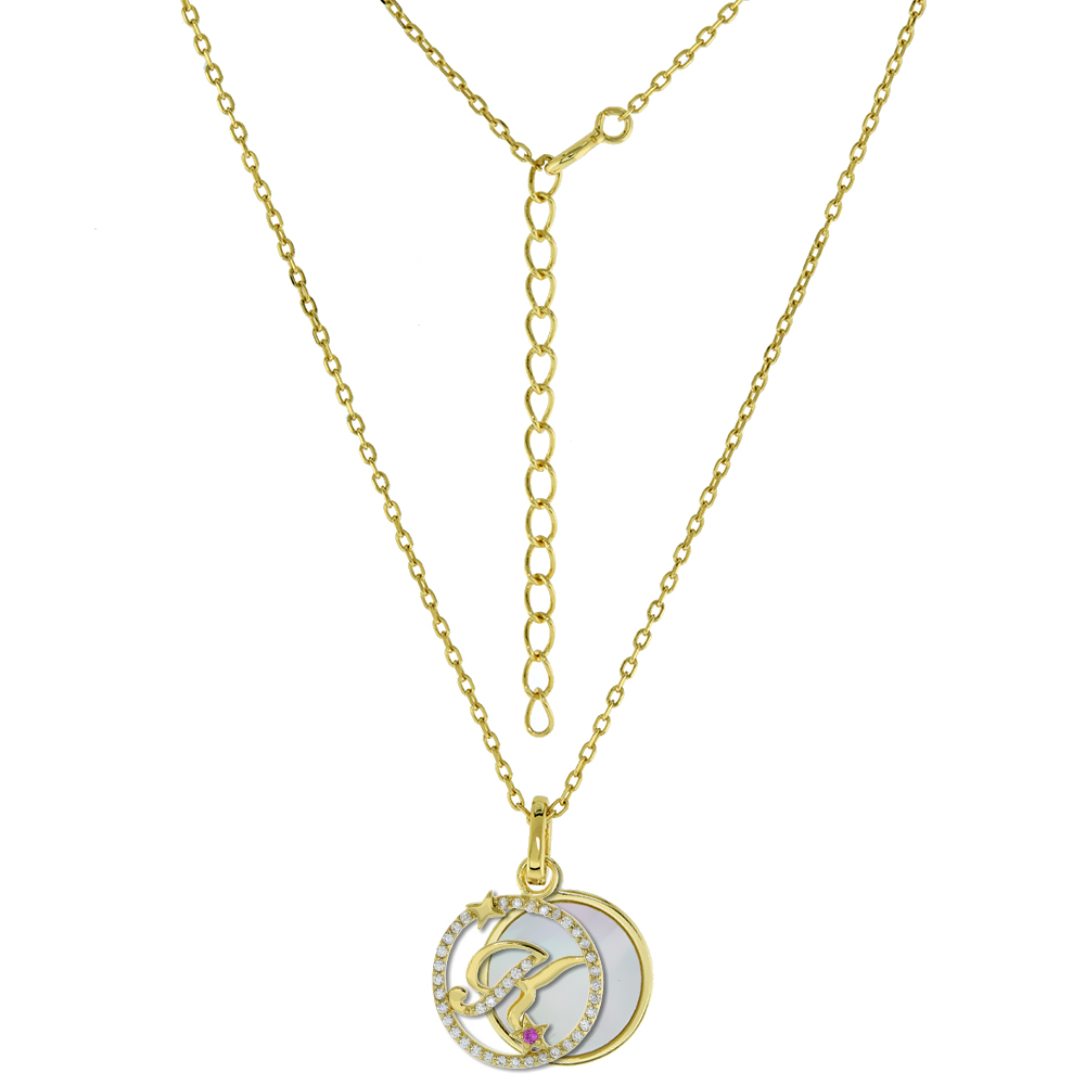 GOLD-PLATED STERLING SILVER CZ MOTHER OF PEARL INITIAL K NECKLACE FOR WOMEN 2 PIECE WITH ENHANCER BALE RED CZ ACCENT 16-18 INCH