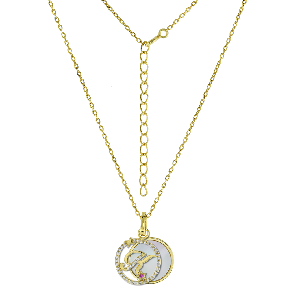 Gold-Plated Sterling Silver CZ Mother of Pearl Initial K Necklace for Women 2 piece with Enhancer Bale Red CZ Accent 16-18 inch