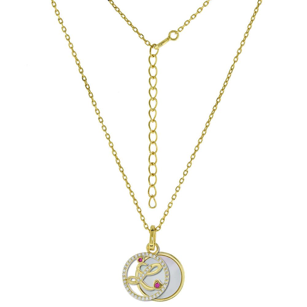 GOLD-PLATED STERLING SILVER CZ MOTHER OF PEARL INITIAL L NECKLACE FOR WOMEN 2 PIECE WITH ENHANCER BALE RED CZ ACCENT 16-18 INCH