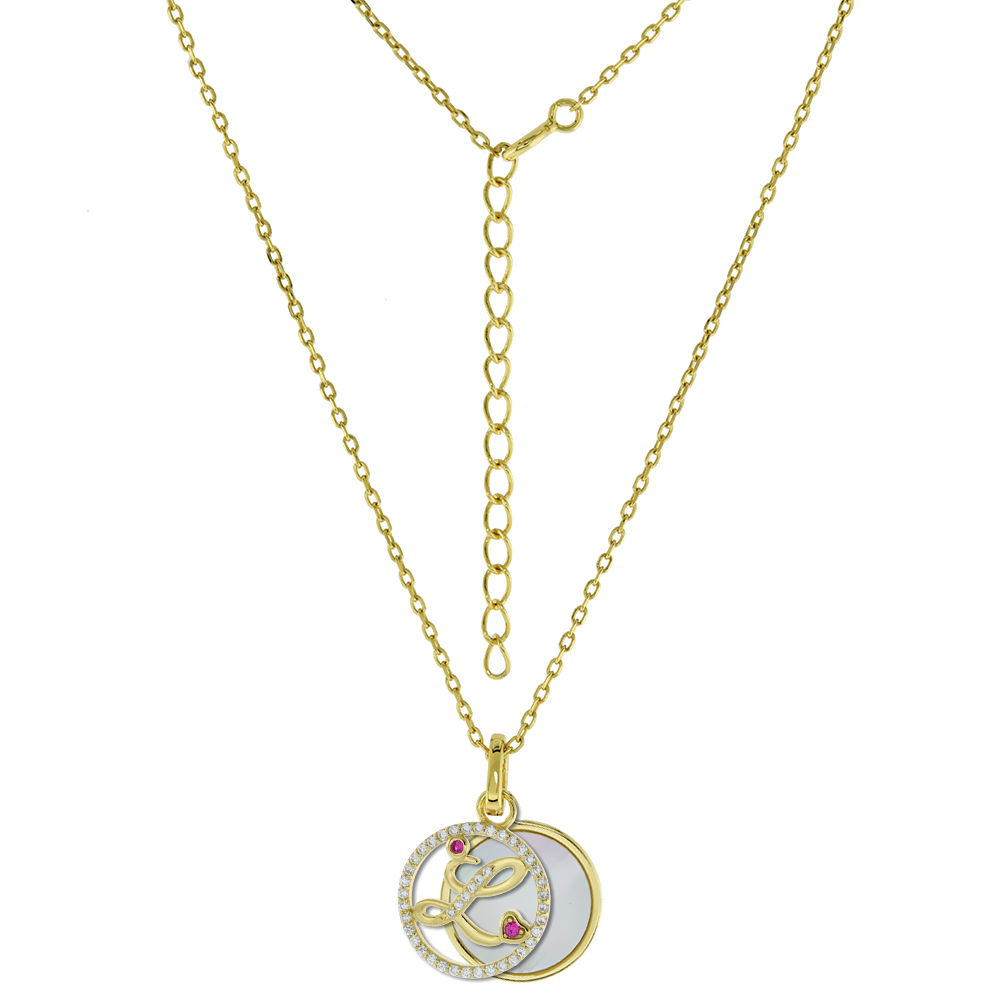Gold-Plated Sterling Silver CZ Mother of Pearl Initial L Necklace for Women 2 piece with Enhancer Bale Red CZ Accent 16-18 inch