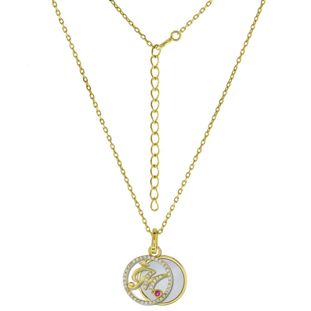 GOLD-PLATED STERLING SILVER CZ MOTHER OF PEARL INITIAL M NECKLACE FOR WOMEN 2 PIECE WITH ENHANCER BALE RED CZ ACCENT 16-18 INCH