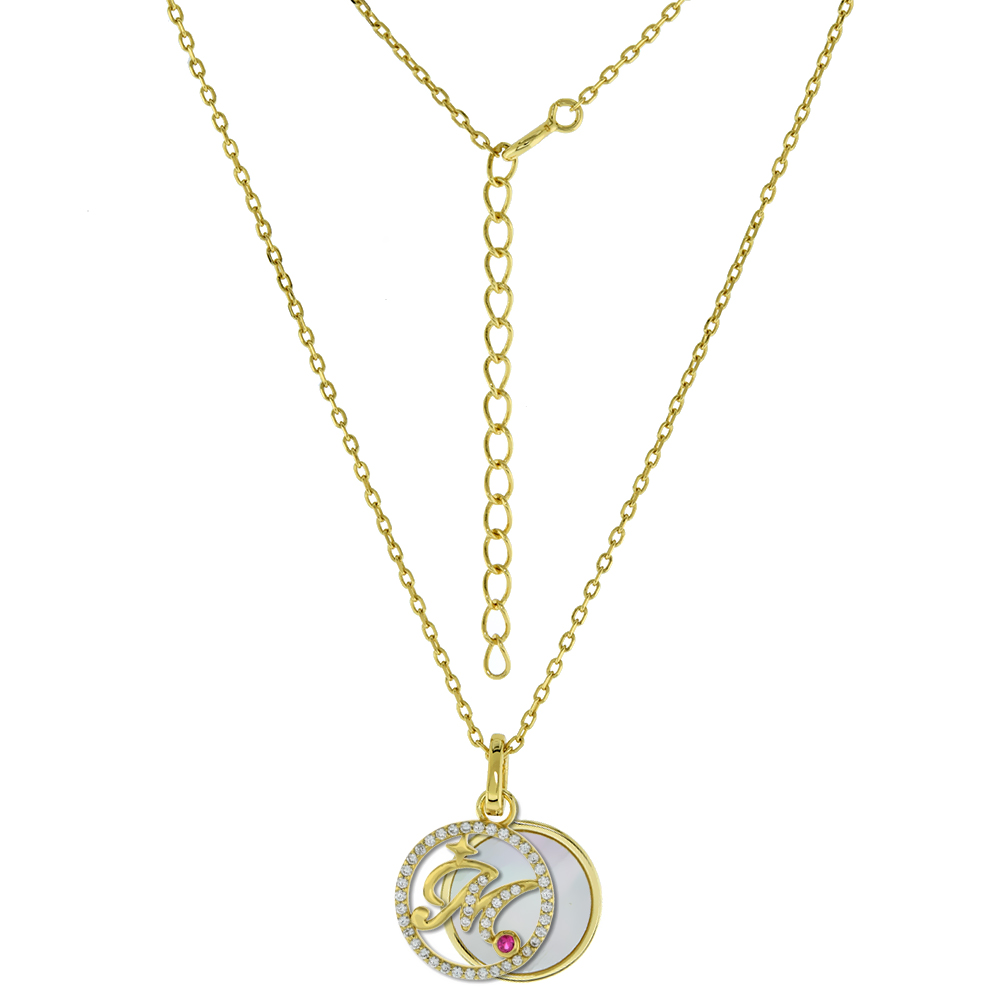 Gold-Plated Sterling Silver CZ Mother of Pearl Initial M Necklace for Women 2 piece with Enhancer Bale Red CZ Accent 16-18 inch