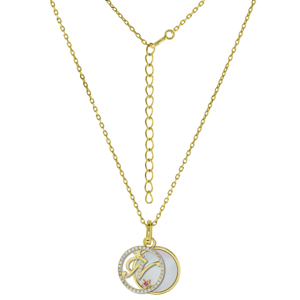 GOLD-PLATED STERLING SILVER CZ MOTHER OF PEARL INITIAL N NECKLACE FOR WOMEN 2 PIECE WITH ENHANCER BALE RED CZ ACCENT 16-18 INCH