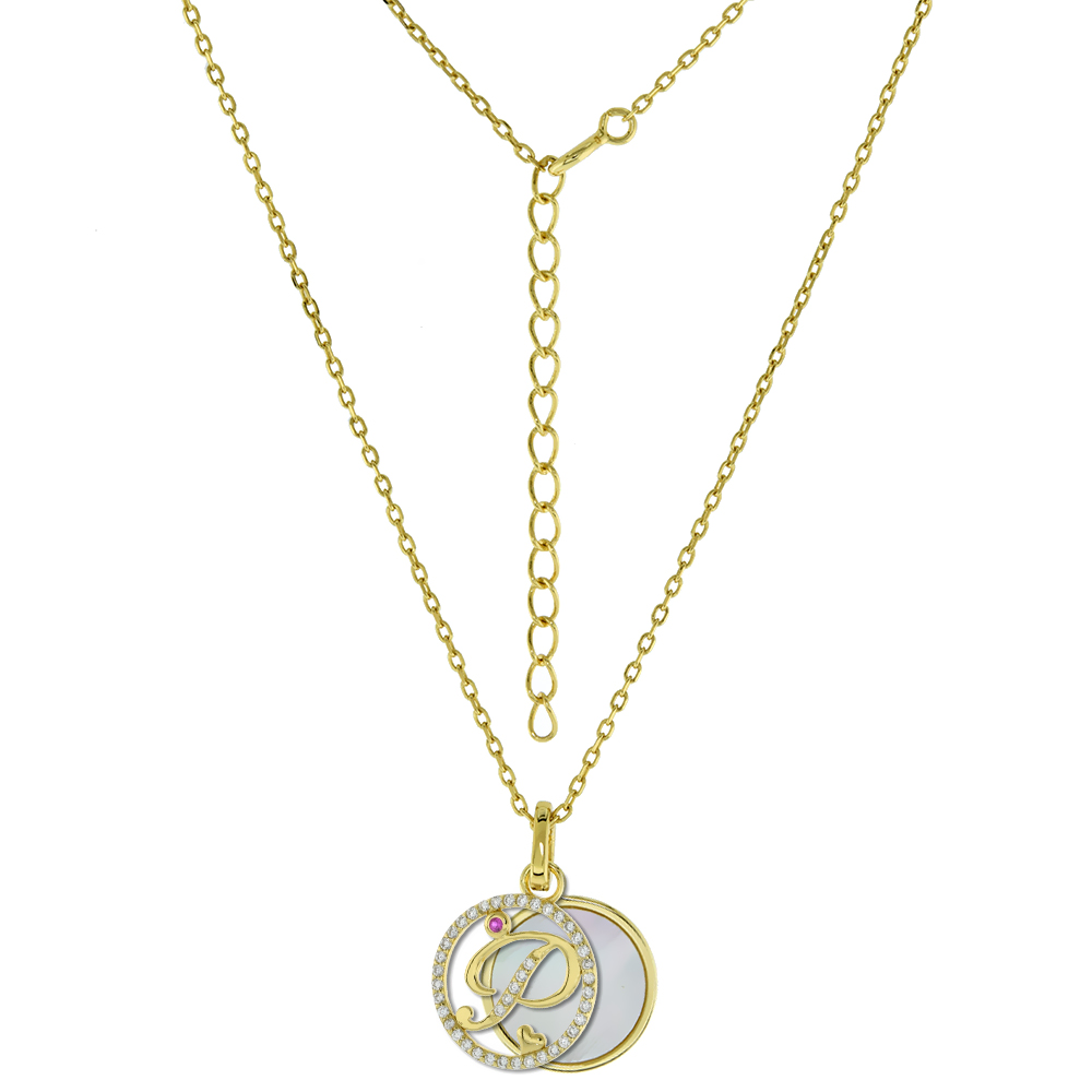 Gold-Plated Sterling Silver CZ Mother of Pearl Initial P Necklace for Women 2 piece with Enhancer Bale Red CZ Accent 16-18 inch