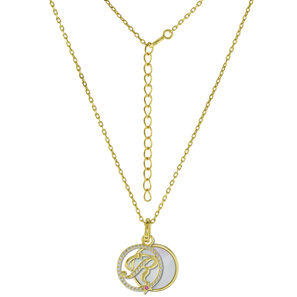 GOLD-PLATED STERLING SILVER CZ MOTHER OF PEARL INITIAL R NECKLACE FOR WOMEN 2 PIECE WITH ENHANCER BALE RED CZ ACCENT 16-18 INCH