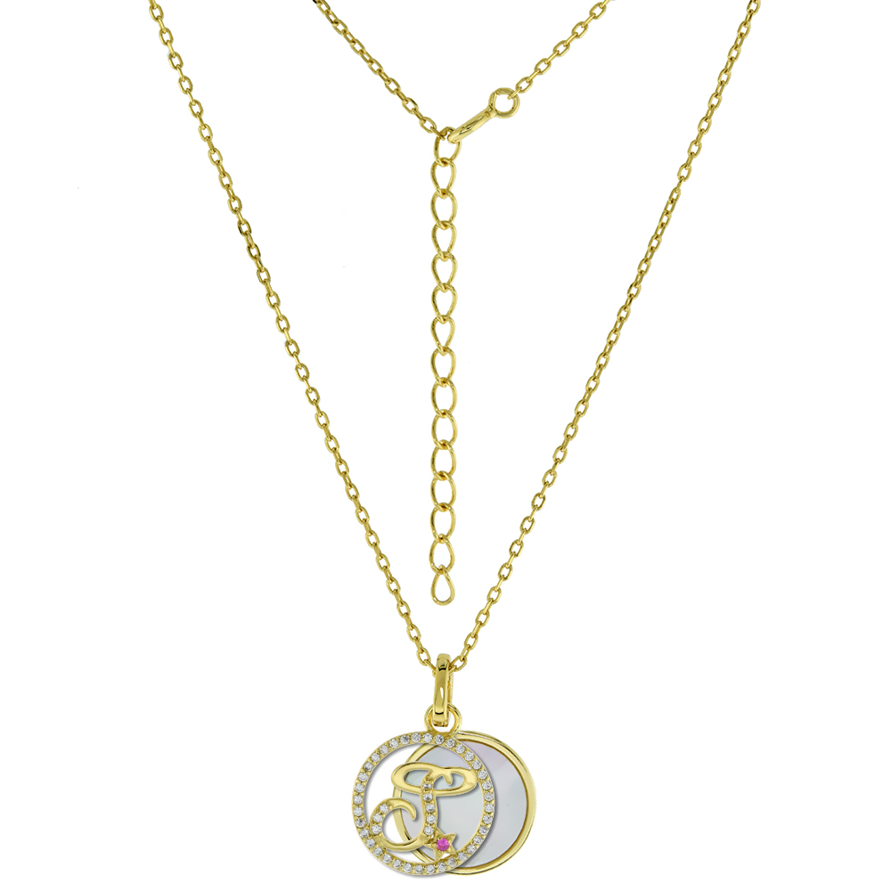 Gold-Plated Sterling Silver CZ Mother of Pearl Initial S Necklace for Women 2 piece with Enhancer Bale Red CZ Accent 16-18 inch