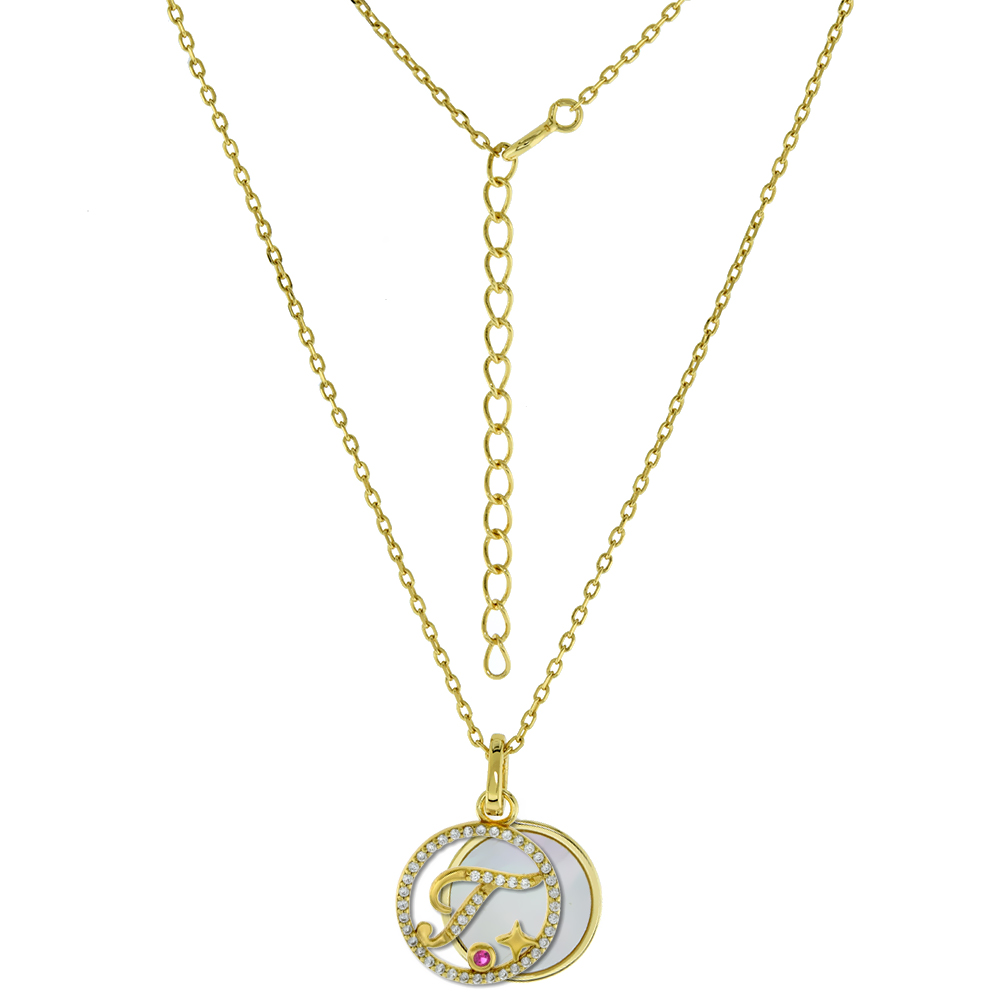 GOLD-PLATED STERLING SILVER CZ MOTHER OF PEARL INITIAL T NECKLACE FOR WOMEN 2 PIECE WITH ENHANCER BALE RED CZ ACCENT 16-18 INCH