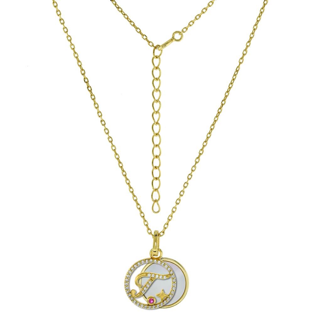 Gold-Plated Sterling Silver CZ Mother of Pearl Initial T Necklace for Women 2 piece with Enhancer Bale Red CZ Accent 16-18 inch