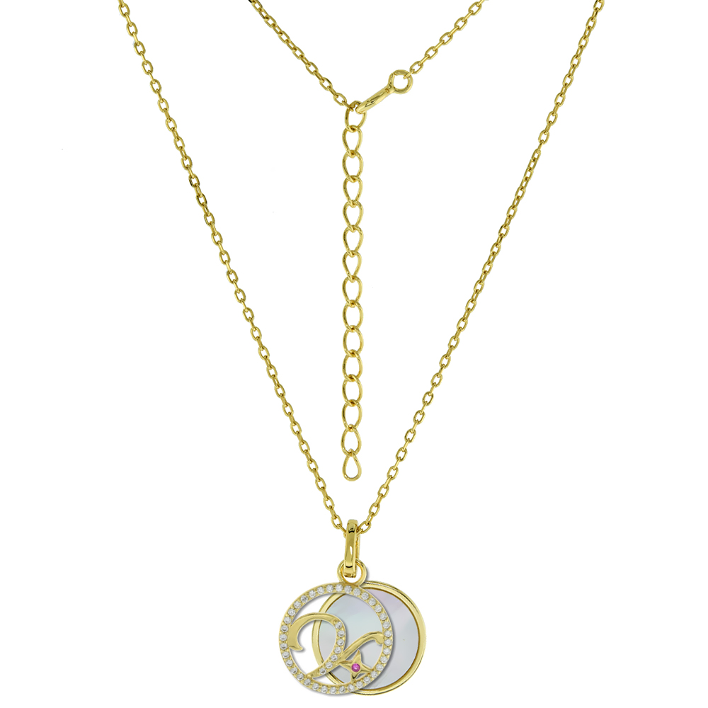 GOLD-PLATED STERLING SILVER CZ MOTHER OF PEARL INITIAL V NECKLACE FOR WOMEN 2 PIECE WITH ENHANCER BALE RED CZ ACCENT 16-18 INCH