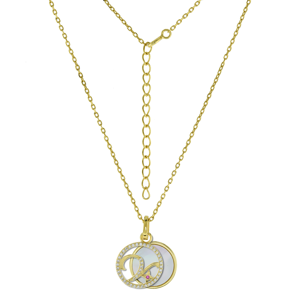 Gold-Plated Sterling Silver CZ Mother of Pearl Initial V Necklace for Women 2 piece with Enhancer Bale Red CZ Accent 16-18 inch