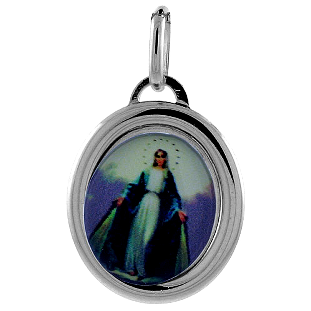 20MM STERLING SILVER MIRACULOUS MEDAL NECKLACE OVAL HOLY MARY ITALY 3/4 INCH TALL STAINLESS STEEL CHAIN