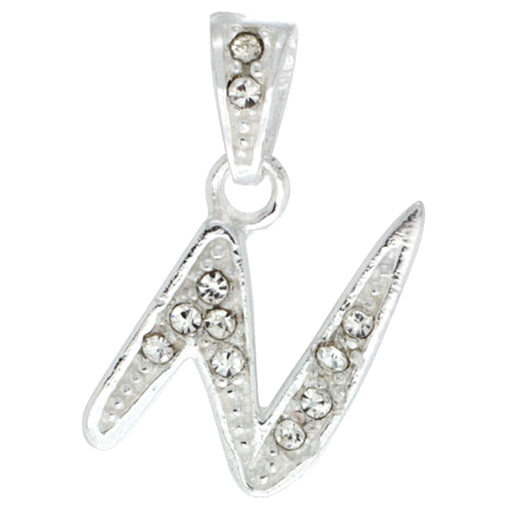 Sterling Silver Fancy Block Initial Letter N Pendant with Crystals 3/4 inch