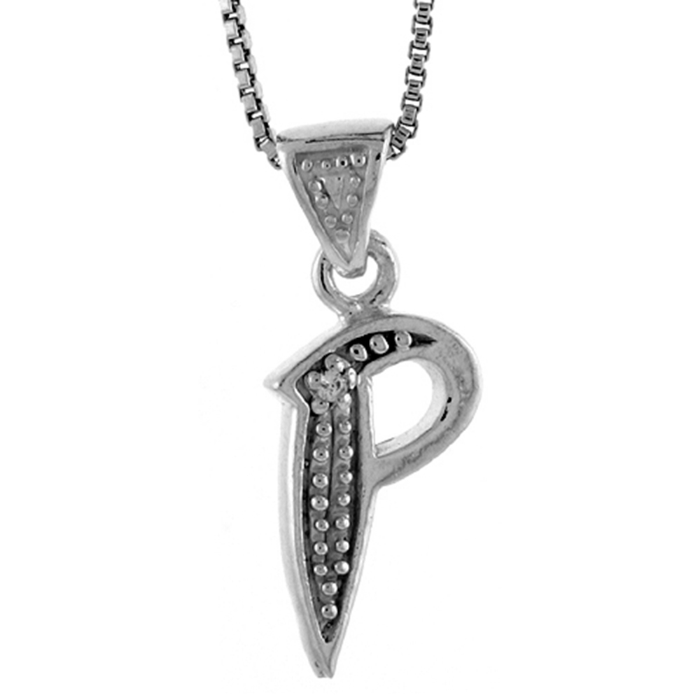 STERLING SILVER FANCY BLOCK INITIAL LETTER P PENDANT WITH CRYSTALS 3/4 INCH