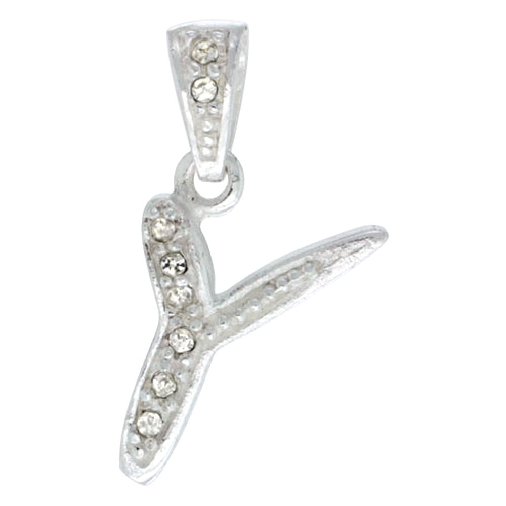 Sterling Silver Fancy Block Initial Letter Y Pendant with Crystals 3/4 inch