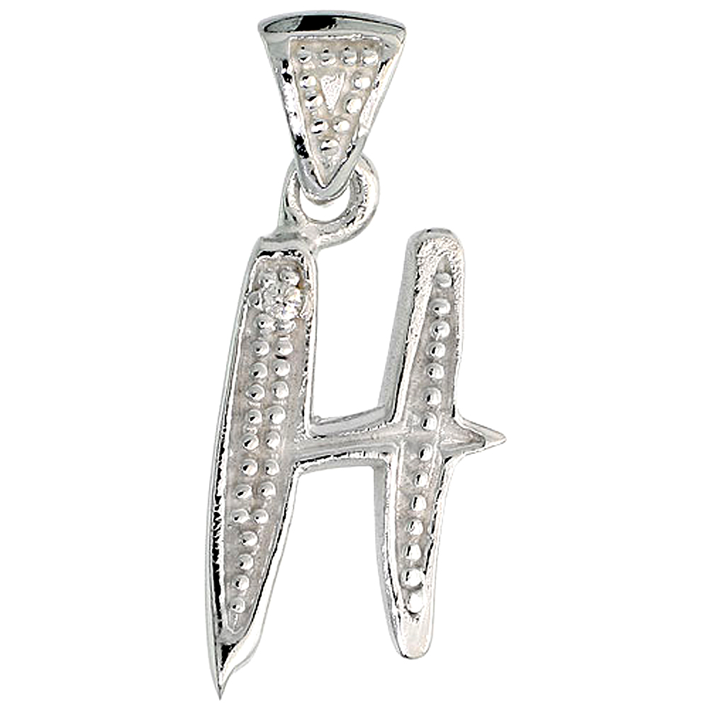 Sterling Silver Fancy Initial Letter H Initial Pendant CZ Stone, 3/4 inch high