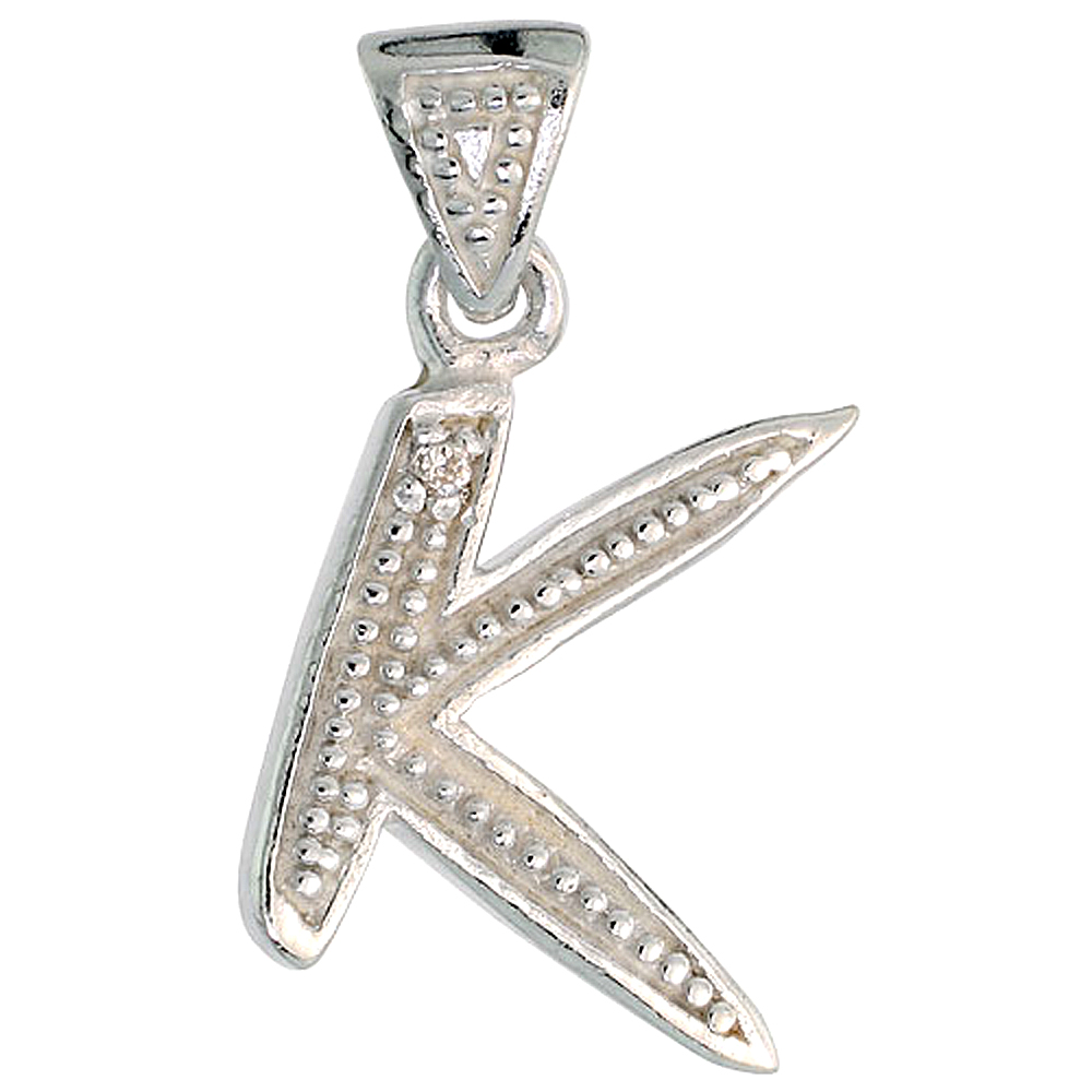 Sterling Silver Fancy Initial Letter K Initial Pendant CZ Stone, 3/4 inch high