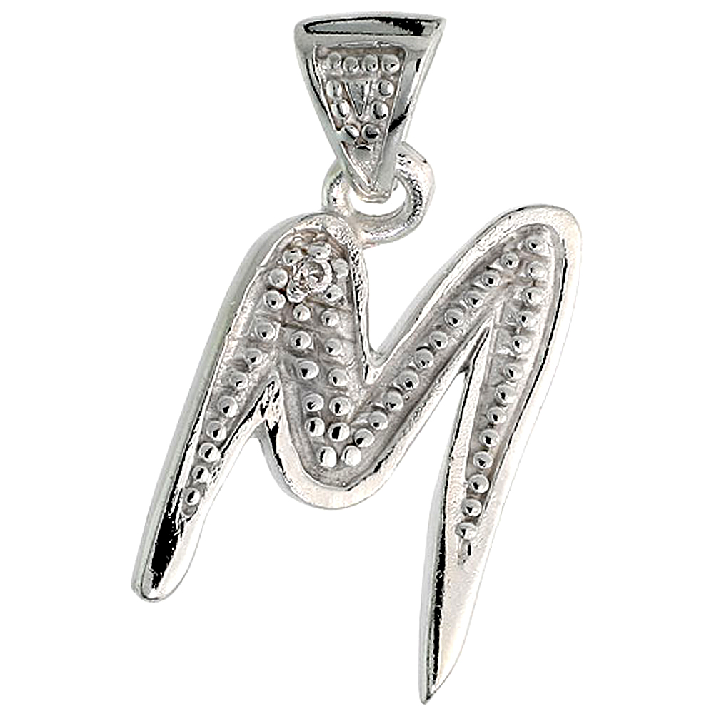 Sterling Silver Fancy Initial Letter M Initial Pendant CZ Stone, 3/4 inch high