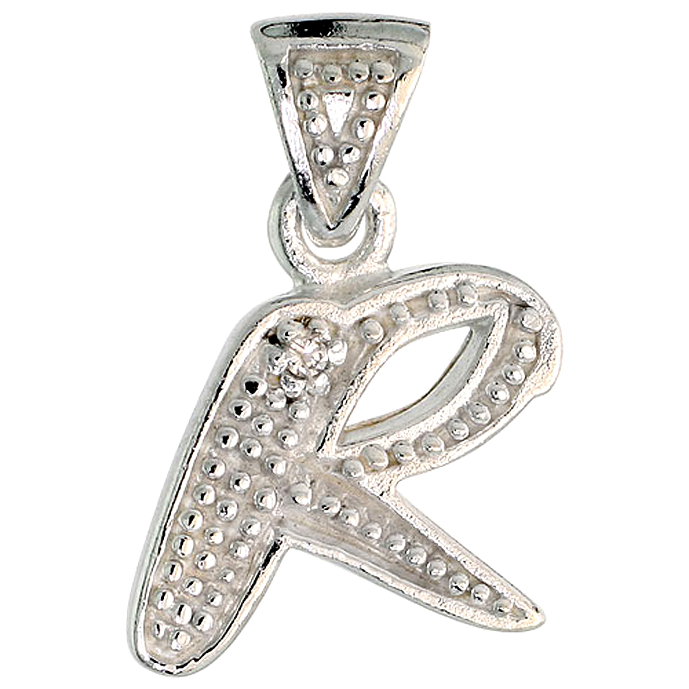 Sterling Silver Fancy Initial Letter R Initial Pendant CZ Stone, 3/4 inch high