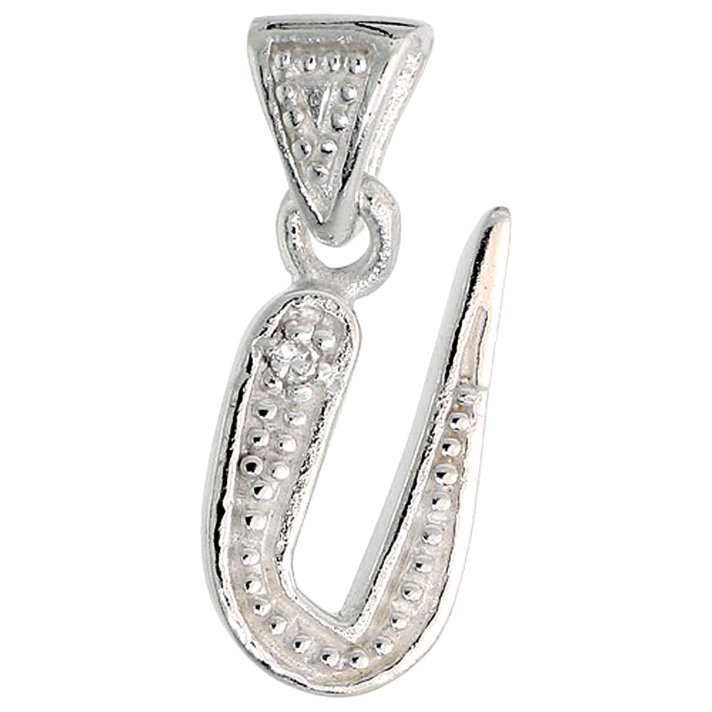Sterling Silver Fancy Initial Letter U Initial Pendant CZ Stone, 3/4 inch high