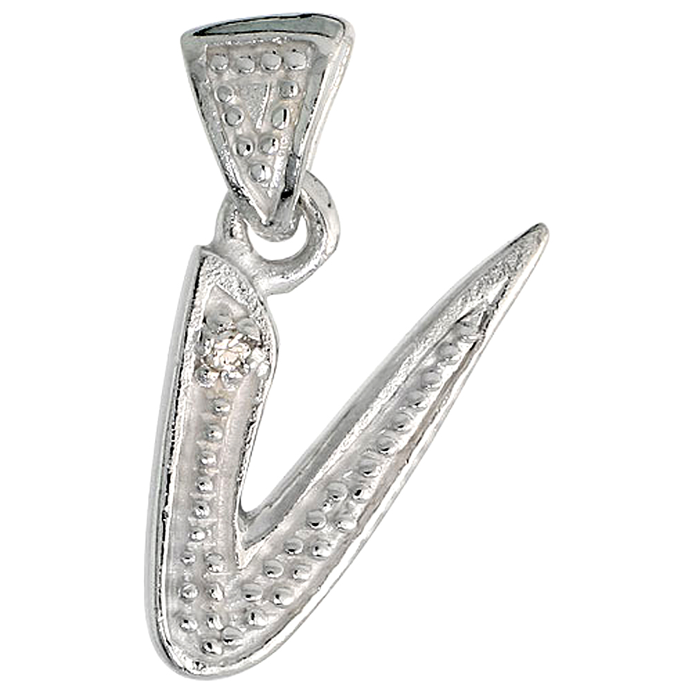 Sterling Silver Fancy Initial Letter V Initial Pendant CZ Stone, 3/4 inch high