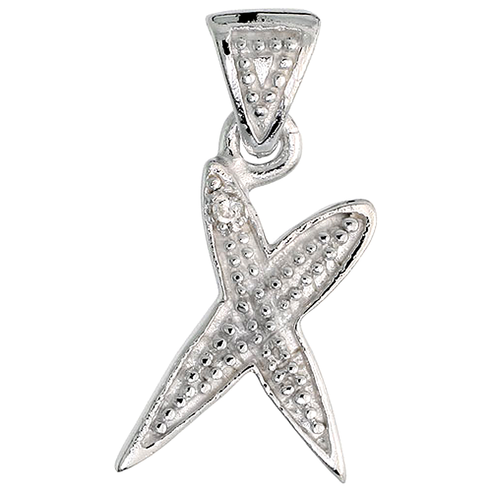 Sterling Silver Fancy Initial Letter X Initial Pendant CZ Stone, 3/4 inch high