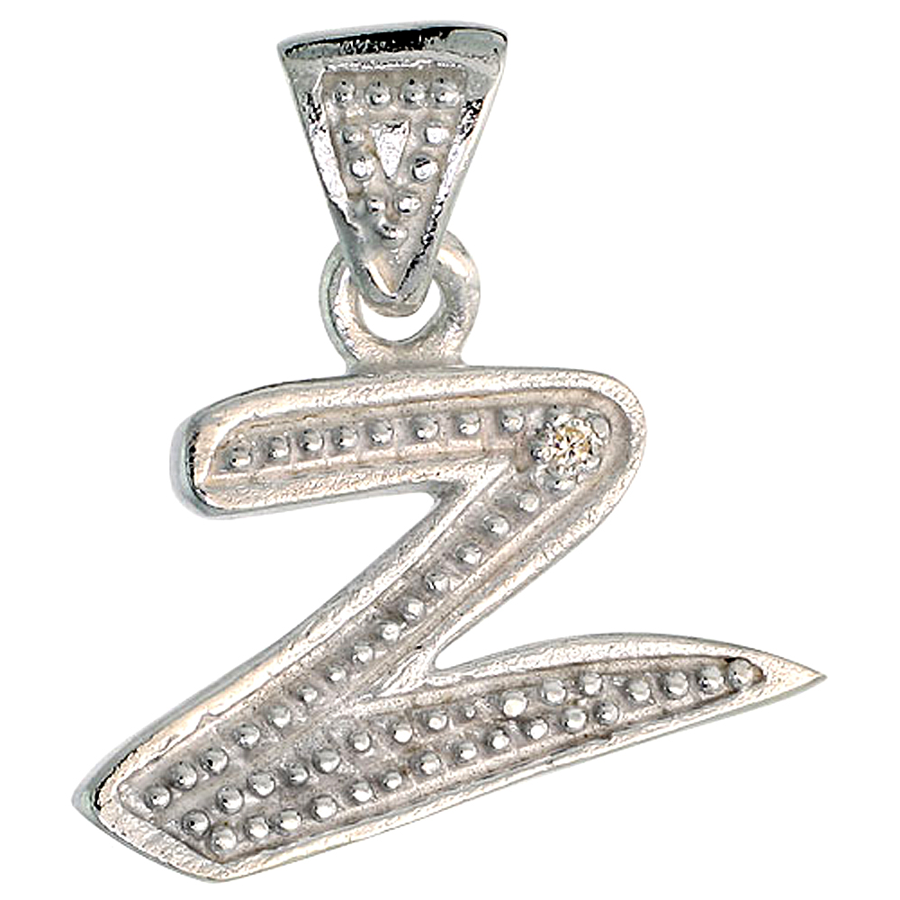 Sterling Silver Fancy Initial Letter Z Initial Pendant CZ Stone, 3/4 inch high