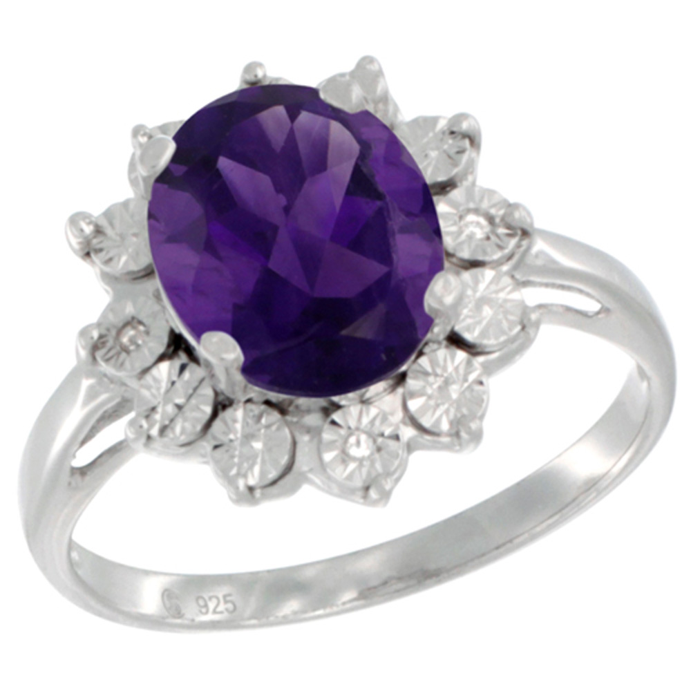 Sterling Silver Natural Amethyst Ring Oval 10x8, Diamond Accent, sizes 5 - 10