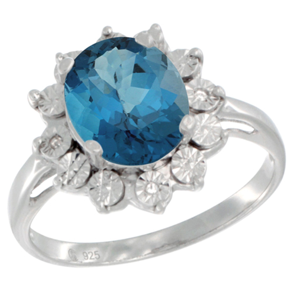 Sterling Silver Natural London Blue Topaz Ring Oval 10x8, Diamond Accent, sizes 5 - 10