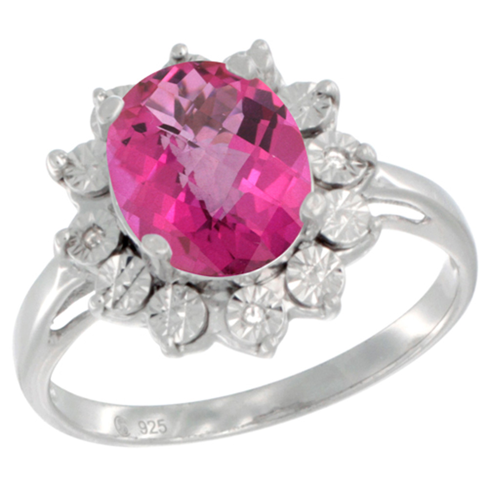 Sterling Silver Natural Pink Topaz Ring Oval 10x8, Diamond Accent, sizes 5 - 10