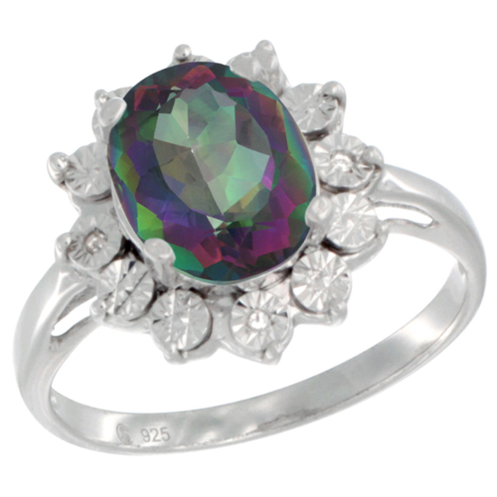 Sterling Silver Natural Mystic Topaz Ring Oval 10x8, Diamond Accent, sizes 5 - 10