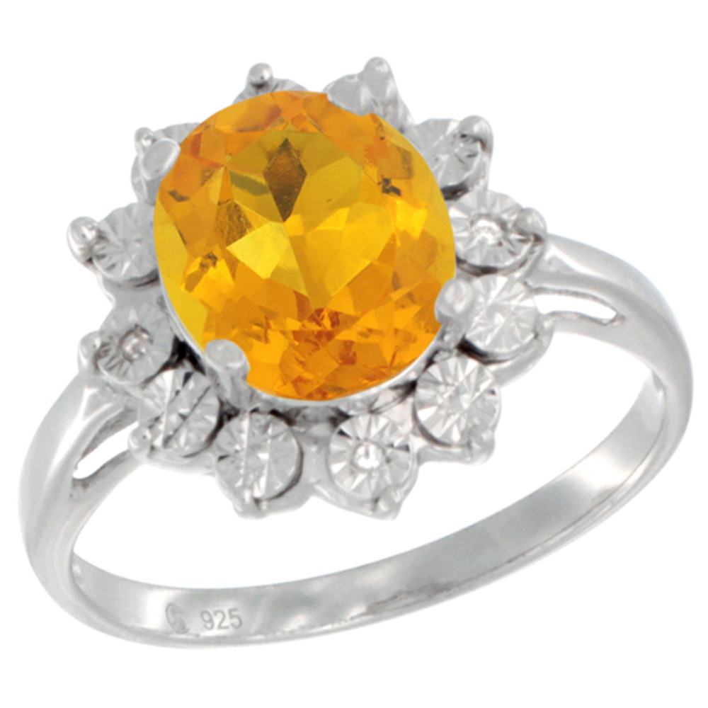 Sterling Silver Natural Citrine Ring Oval 10x8, Diamond Accent, sizes 5 - 10