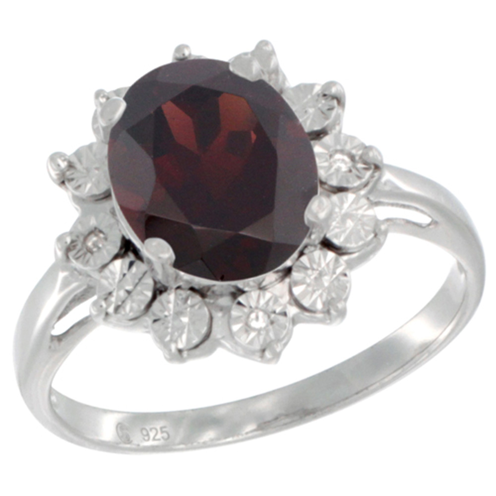 Sterling Silver Natural Garnet Ring Oval 10x8, Diamond Accent, sizes 5 - 10