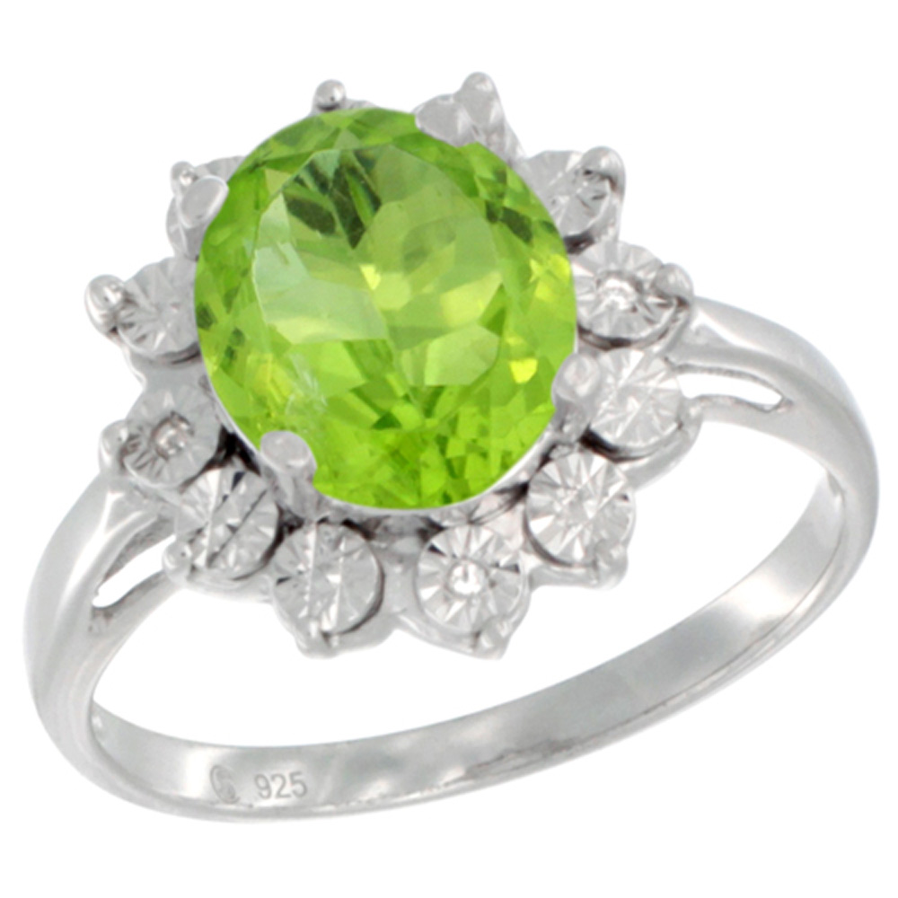 Sterling Silver Natural Peridot Ring Oval 10x8, Diamond Accent, sizes 5 - 10