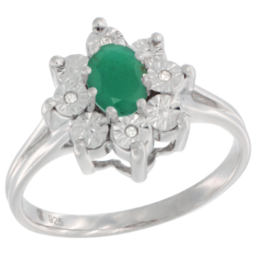 Sterling Silver Natural Emerald Ring Oval 6x4, Diamond Accent, sizes 5 - 10