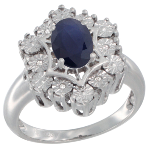 Sterling Silver Natural Blue Sapphire Ring 7x5 Oval Illusion Diamonds Rhodium finish, sizes 5 - 10