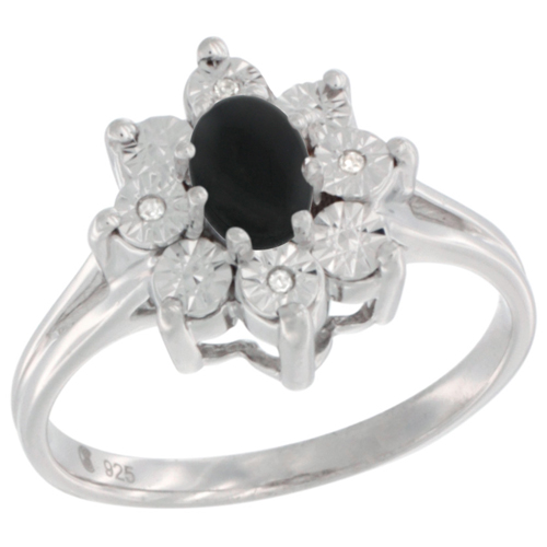 Sterling Silver Natural Black Onyx Ring Oval 6x4, Diamond Accent, sizes 5 - 10