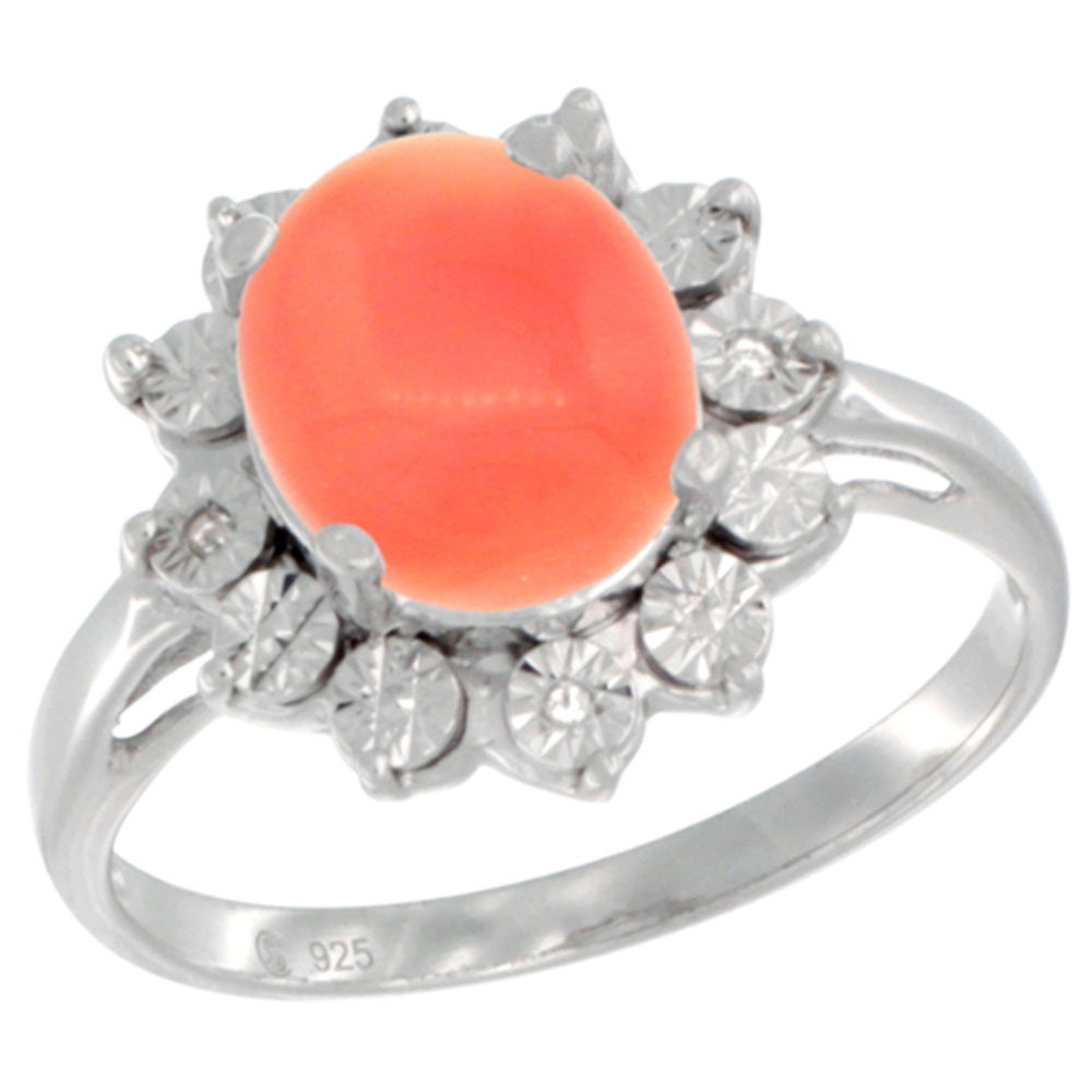 Sterling Silver Natural Coral Ring Oval 10x8, Diamond Accent, sizes 5 - 10