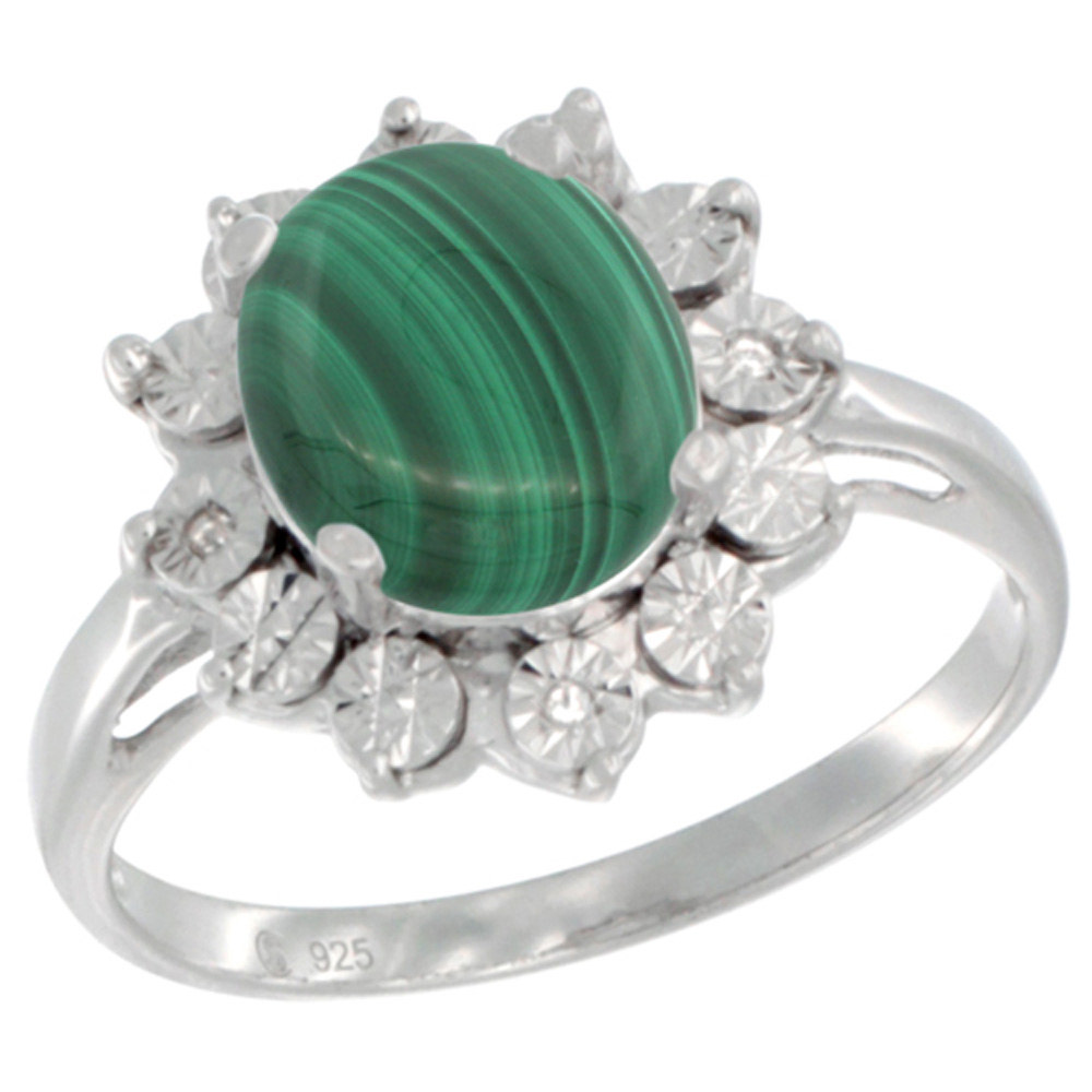 Sterling Silver Natural Malachite Ring Oval 10x8, Diamond Accent, sizes 5 - 10