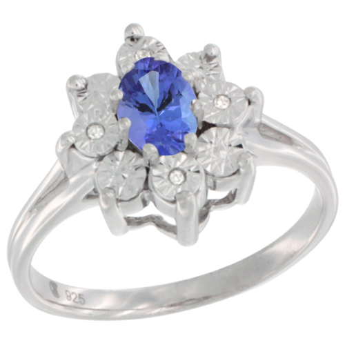 Sterling Silver Natural Tanzanite Ring Oval 6x4, Diamond Accent, sizes 5 - 10