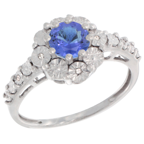 Sterling Silver Natural Tanzanite Ring Round 5x5, Diamond Accent, sizes 5 - 10