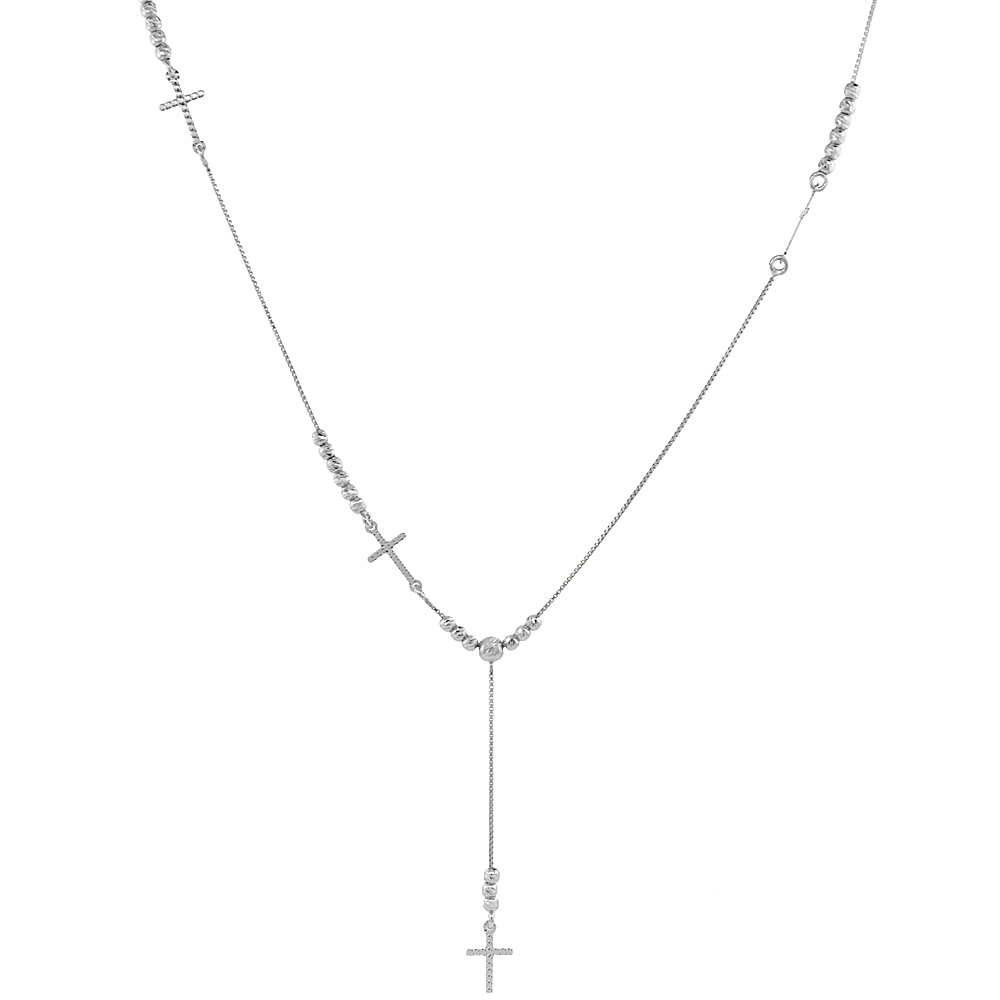 Sterling Silver Sideways Cross Y Necklace with Beads Rhodium Finish Italy, 17 - 19 inch